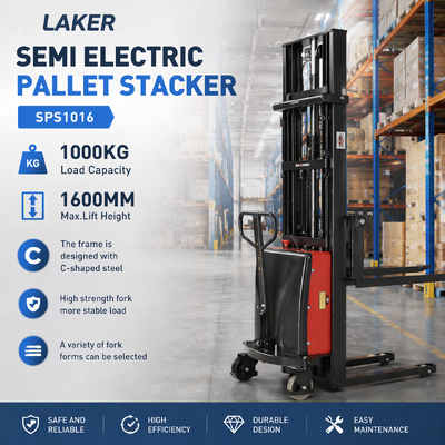 ประหยัดแรงงาน 1 ตัน 1.6m Semi Electric Stacker สําหรับการจัดการ pallet ของคลัง